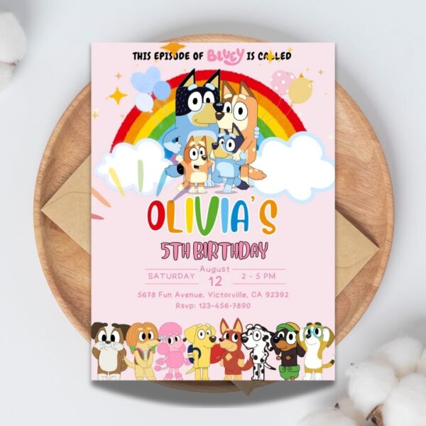 Pink Bluey Birthday Invitation | Colorful Celebration with Friends | Printable & Editable